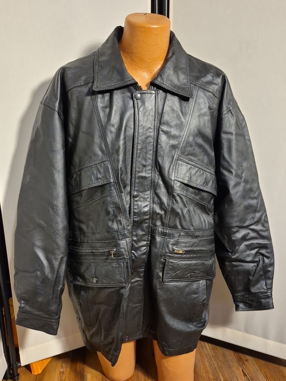 Vintage 90's Y2K Men's Phase 2 Heavy Black Leather Jacket - Sz. XL